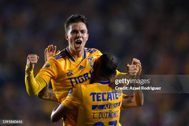 Francisco Córdova of Tigres celebrates with teammates after scoring his team's second goal during the 14th round match between Tigres UANL v Toluca...