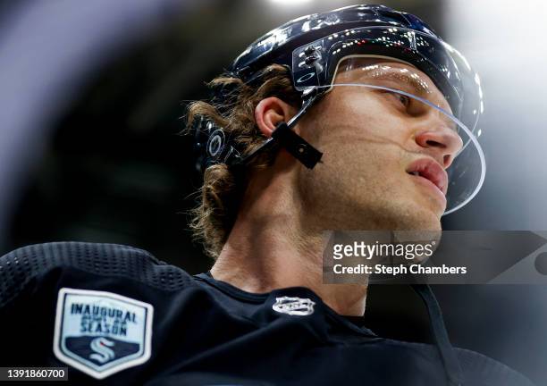 Jamie Oleksiak of the Seattle Kraken warms up before the game against the New Jersey Devils at Climate Pledge Arena on April 16, 2022 in Seattle,...