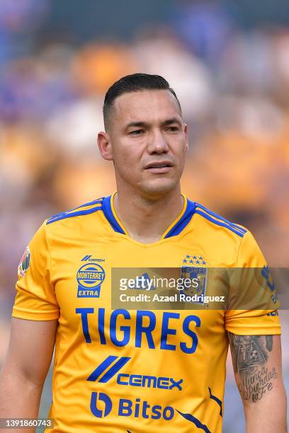 Jesús Dueñas of Tigres looks on prior the 14th round match between Tigres UANL v Toluca as part of the Torneo Grita Mexico C22 Liga MX at...