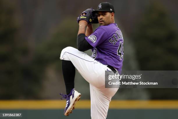 Starting pitcher Antonio Senzatela of the Colorado Rockies throws against the Chicago Cubs in the first inning at Coors Field on April 16, 2022 in...