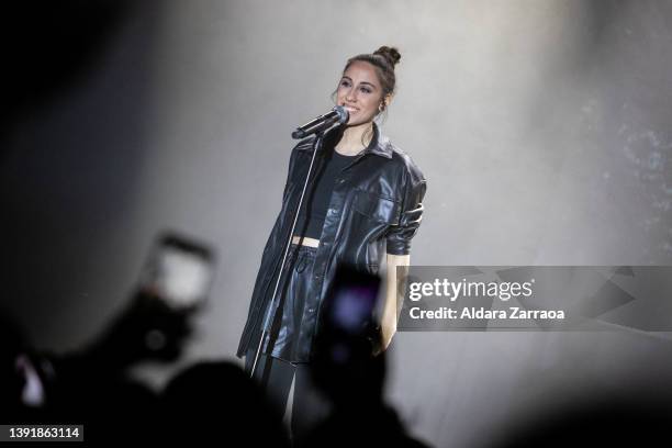 North Macedonia representative Andrea performs on stage at the Eurovision party "Eurovision PreParty" at Sala La Riviera on April 16, 2022 in Madrid,...