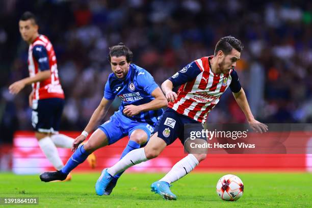 Jesus Angulo of Chivas fights for the ball with Ignacio Rivero of Cruz Azul during the 14th round match between Cruz Azul and Chivas as part of the...