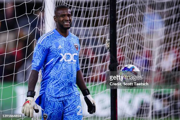 Bill Hamid of D.C. United reacts after a play against the Austin FC during the second half of the MLS game at Audi Field on April 16, 2022 in...