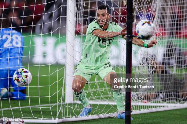 Felipe Martins of Austin FC celebrates after Sebastián Driussi scores a goal against Bill Hamid of D.C. United during the second half of the MLS game...