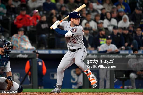 Alex Bregman of the Houston Astros waits for a pitch during the third inning against the Seattle Mariners at T-Mobile Park on April 16, 2022 in...