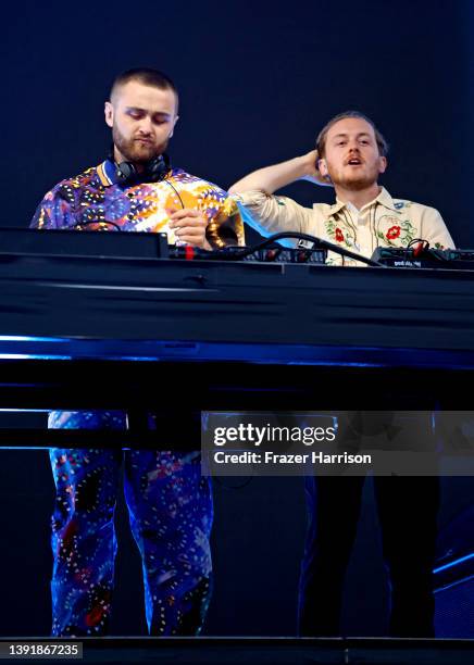 Guy Lawrence and Howard Lawrence of Disclosure perform onstage at the Outdoor Theatre during the 2022 Coachella Valley Music And Arts Festival on...