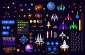 Space game asset 8 bit pixel art, planets, rockets