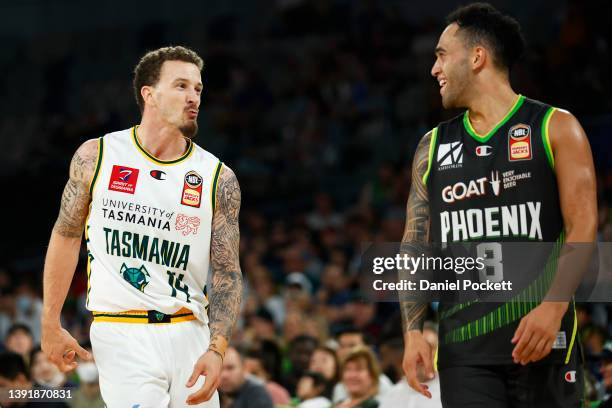 Josh Adams of the JackJumpers blows a kiss to Izayah Le'Afa of the Phoenix after a contest during the round 20 NBL match between South East Melbourne...