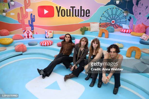 Ethan Torchio, Thomas Raggi, Victoria De Angelis and Damiano David of Måneskin attend YouTube Artist Lounge during Weekend 1 of Coachella 2022 at...