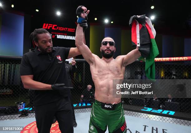 Belal Muhammad reacts after his unanimous-decision victory over Vicente Luque of Brazil in a welterweight fight during the UFC Fight Night event at...