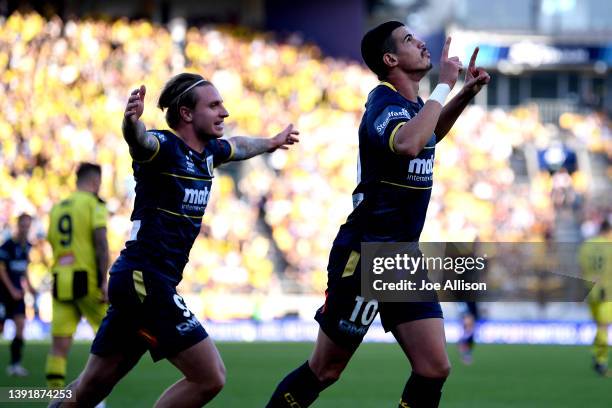 Matheus Rodrigues of the Central Coast Mariners celebrates after scoring a goal during the A-League Mens match between Wellington Phoenix and Central...