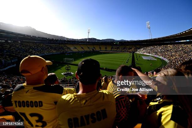 Fans watch on during the A-League Mens match between Wellington Phoenix and Central Coast Mariners at Sky Stadium, on April 17 in Wellington, New...