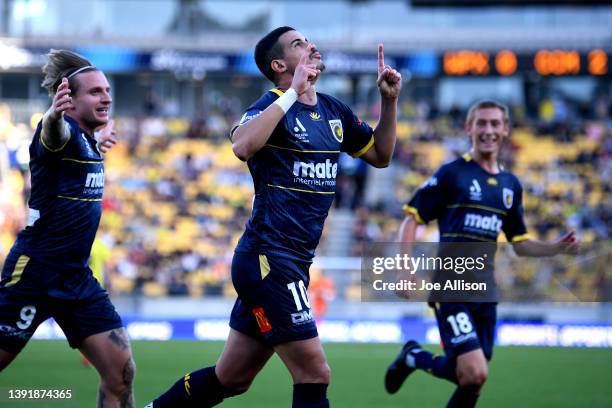 Matheus Rodrigues of the Central Coast Mariners celebrates after scoring a goal during the A-League Mens match between Wellington Phoenix and Central...