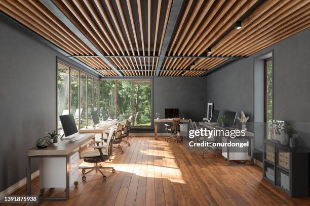 モダンなオープンプランオフィスインテリアテーブル、オフィスチェア、寄木細工の床、窓からの庭の眺め - open country ストックフォトと画像