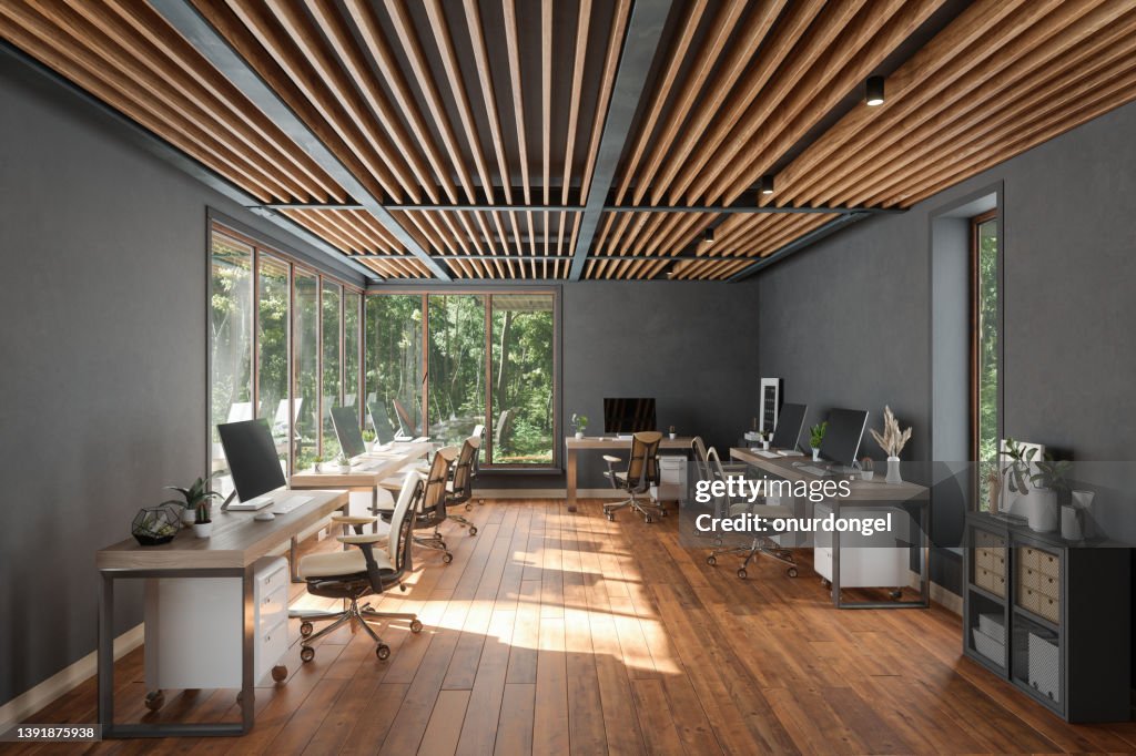 Modern Open Plan Office Interior With Tables, Office Chairs, Parquet Floor And Garden View From The Window