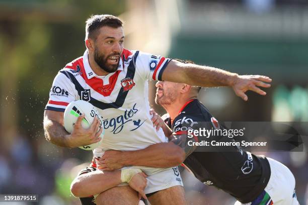James Tedesco of the Roosters is tackled during the round 6 NRL match between the Sydney Roosters and the Warriors at Sydney Cricket Ground, on April...