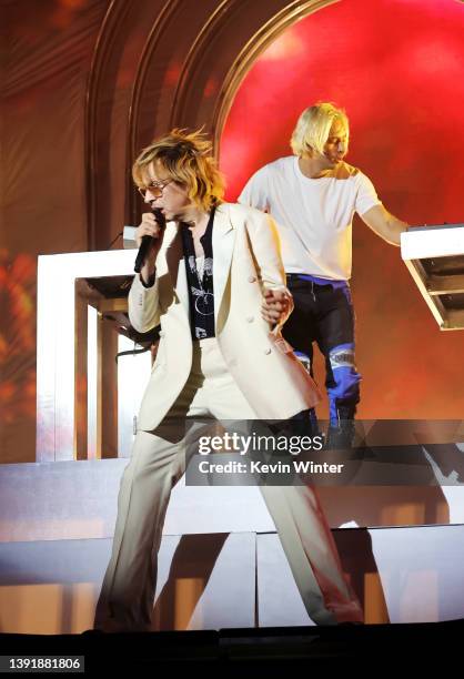 Beck and Flume perform onstage at the Coachella Stage during the 2022 Coachella Valley Music And Arts Festival on April 16, 2022 in Indio, California.