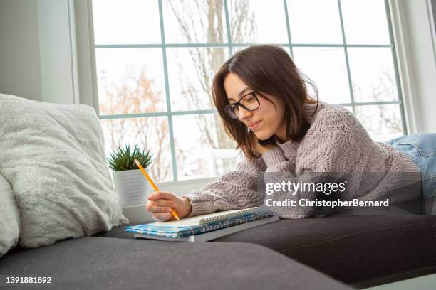 teenager girl studying at home - reading nook stock pictures, royalty-free photos & images