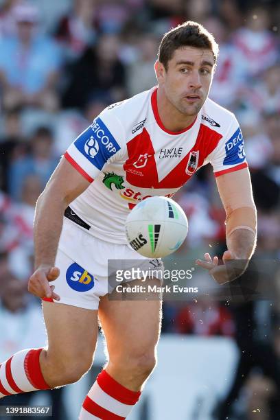 Ben Hunt of the Dragons passes during the round six NRL match between the St George Illawarra Dragons and the Newcastle Knights at WIN Stadium, on...