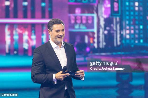 Marco Schreyl is seen on stage during the first event show of the TV competition "Deutschland sucht den Superstar" season 19 at MMC Studios on April...