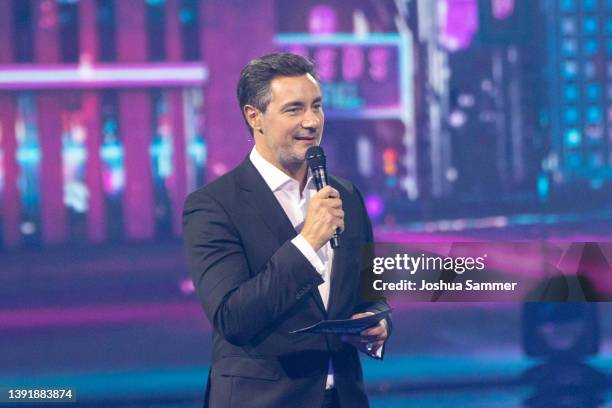 Marco Schreyl is seen on stage during the first event show of the TV competition "Deutschland sucht den Superstar" season 19 at MMC Studios on April...