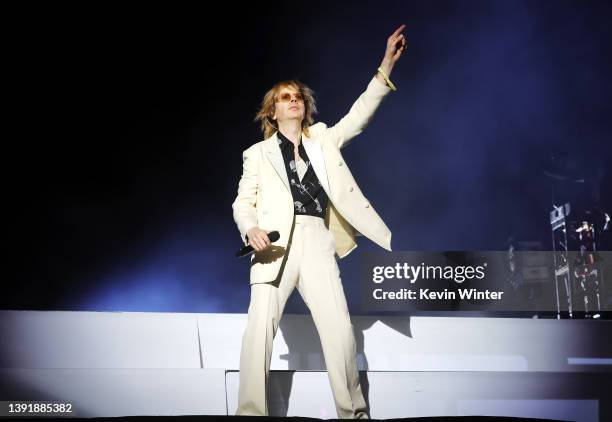 Beck performs with Flume onstage at the Coachella Stage during the 2022 Coachella Valley Music And Arts Festival on April 16, 2022 in Indio,...