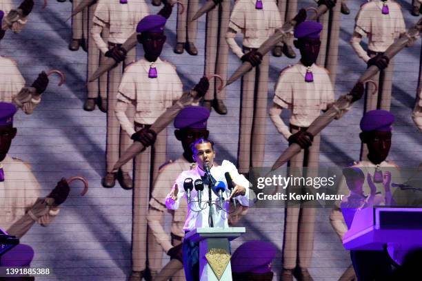 Stromae performs onstage at the Outdoor Theatre during the 2022 Coachella Valley Music And Arts Festival on April 16, 2022 in Indio, California.