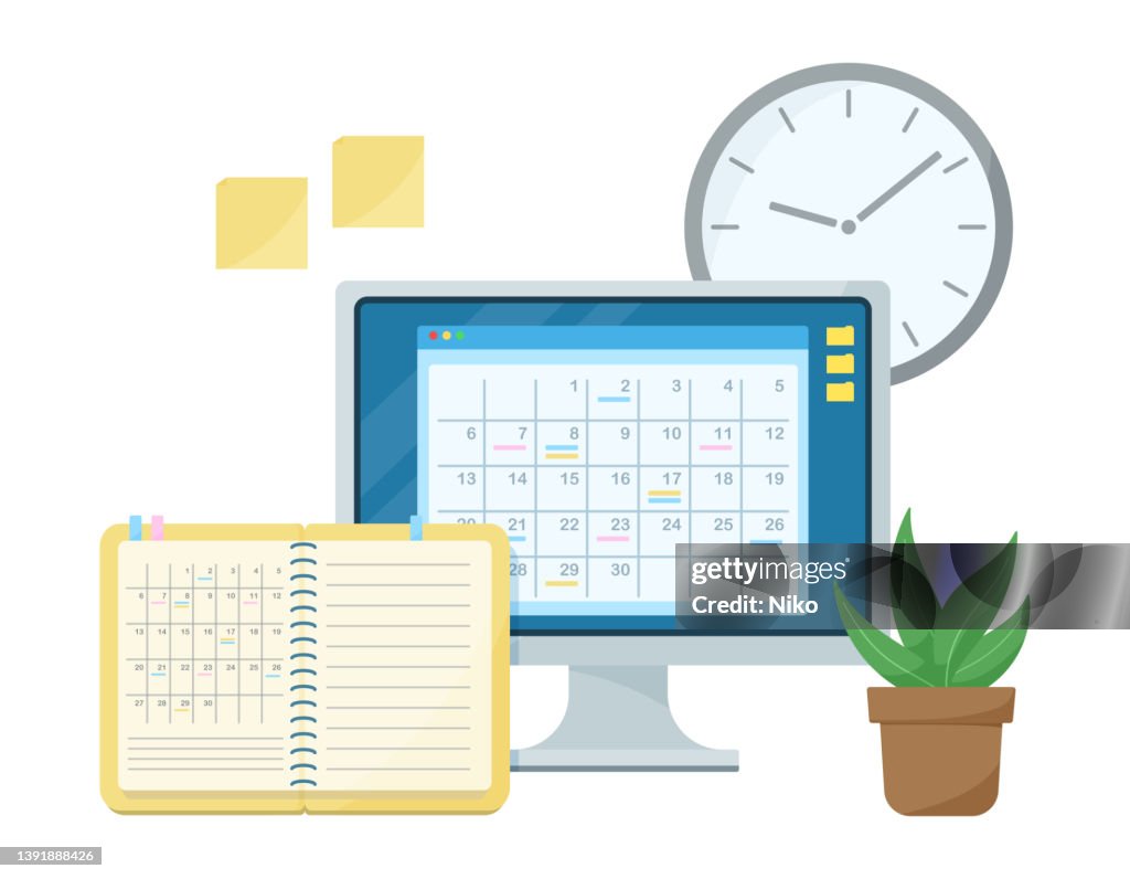 Scheduling On Computer Illustration Of Managing A Schedule On A Computer Or In A Notebook ...