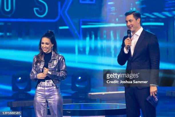 Melissa Mantzoukis and Marco Schreyl are seen on stage during the first event show of the TV competition "Deutschland sucht den Superstar" season 19...