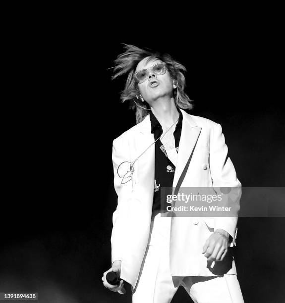 Beck performs with Flume onstage at the Coachella Stage during the 2022 Coachella Valley Music And Arts Festival on April 16, 2022 in Indio,...