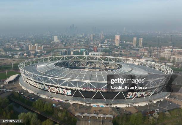 An aerial view of London Stadium at Queen Elizabeth Olympic Park prior to the Premier League match between West Ham United and Burnley at London...