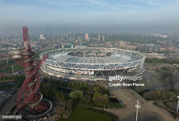 An aerial view of London Stadium at Queen Elizabeth Olympic Park prior to the Premier League match between West Ham United and Burnley at London...