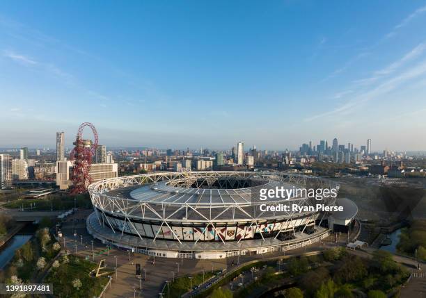 An aerial view of London Stadium at Queen Elizabeth Olympic Park on April 16, 2022 in London, England.