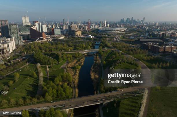 An aerial view of Queen Elizabeth Olympic Park on April 16, 2022 in London, England.