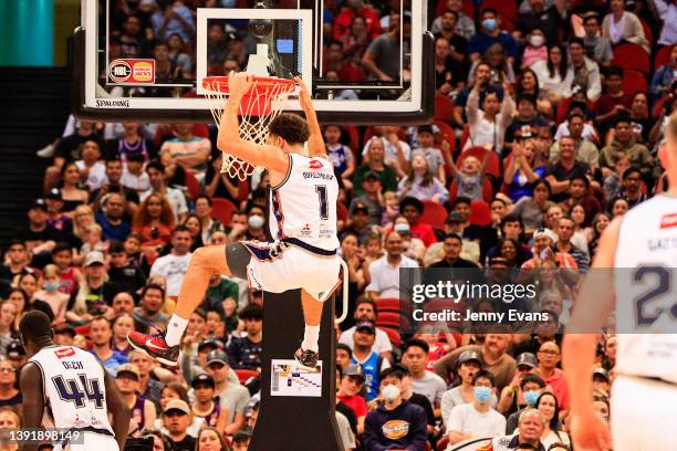 Tad Dufelmeier of the 36ers slam dunks during the round 20 NBL match between Sydney Kings and Adelaide 36ers at Qudos Bank Arena on April 17 in...