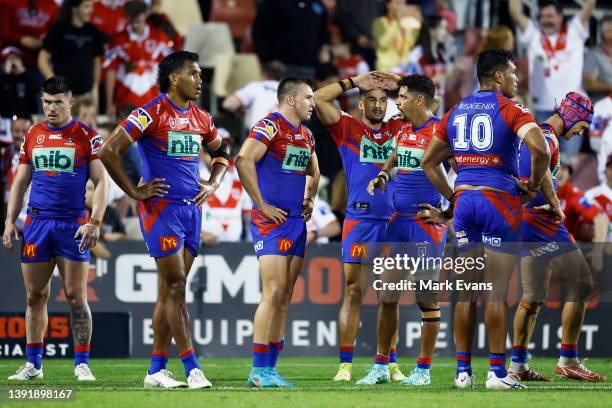 The Knights look on after conceding a last minute try to the Dragons during the round six NRL match between the St George Illawarra Dragons and the...