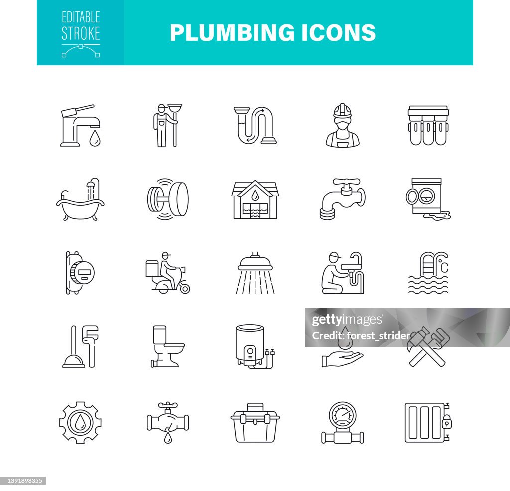 Plumbing Icons Editable Stroke. For Mobile and Web. The set contains icons as Plumber, Radiator - Heater, Water Pipe, Repair, Home Automation