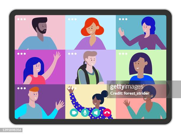 online-videokonferenz. vielfältige gruppe von freunden oder kollegen, die sich unterhalten. - guy in front of computer cartoon stock-grafiken, -clipart, -cartoons und -symbole