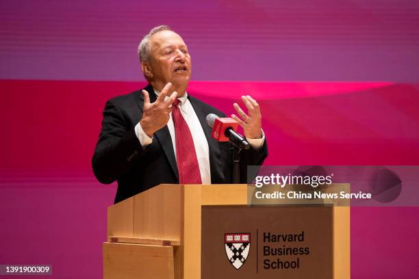 Former Harvard President Lawrence Summers speaks during the 25th Havard College China Forum on April 16, 2022 in Boston, Massachusetts.