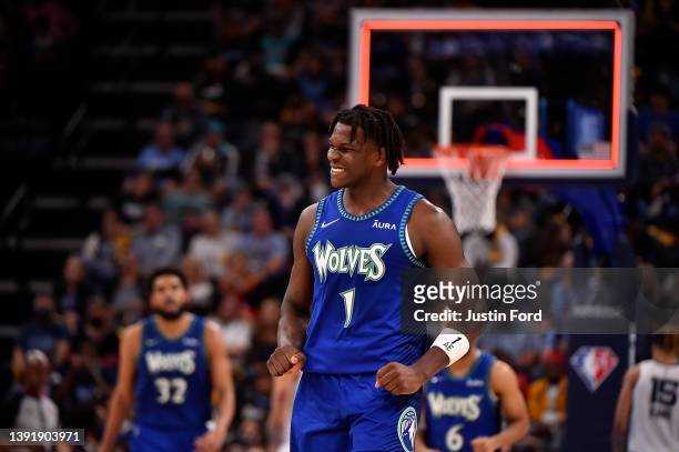 Anthony Edwards of the Minnesota Timberwolves reacts during Game One of the Western Conference First Round against the Memphis Grizzlies at...