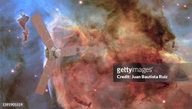 juno probe travels through space, flies over the carina nebula. elements of this photo furnished by nasa. 3d rendering. https://images-assets.nasa.gov/image/pia14444/pia14444~orig.jpg
software:blender - exploratory spacecraft stock pictures, royalty-free photos & images