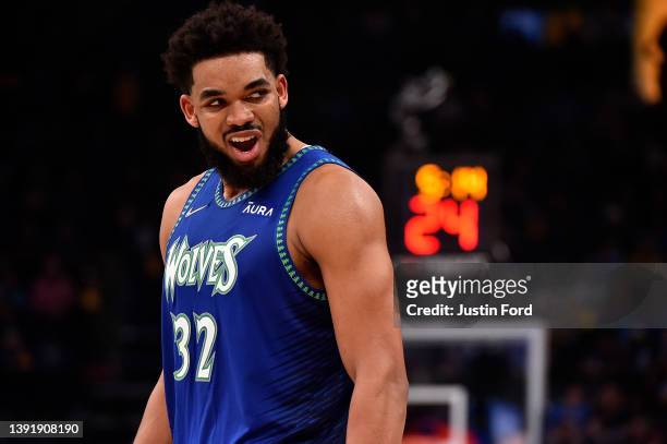 Karl-Anthony Towns of the Minnesota Timberwolves reacts during Game One of the Western Conference First Round against the Memphis Grizzlies at...