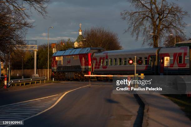 Train from Kaliningrad enters Lithuania on April 16, 2022 in Kybartai, Lithuania. Russia's Kaliningrad exclave, on the shore of the Baltic Sea, is...
