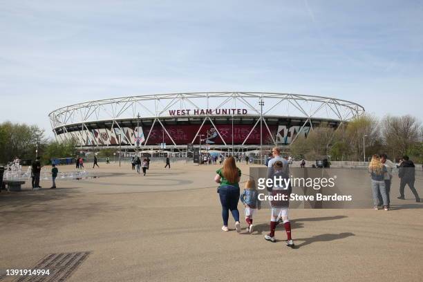 General view outside the stadium as fans make gather prior to the Premier League match between West Ham United and Burnley at London Stadium on April...