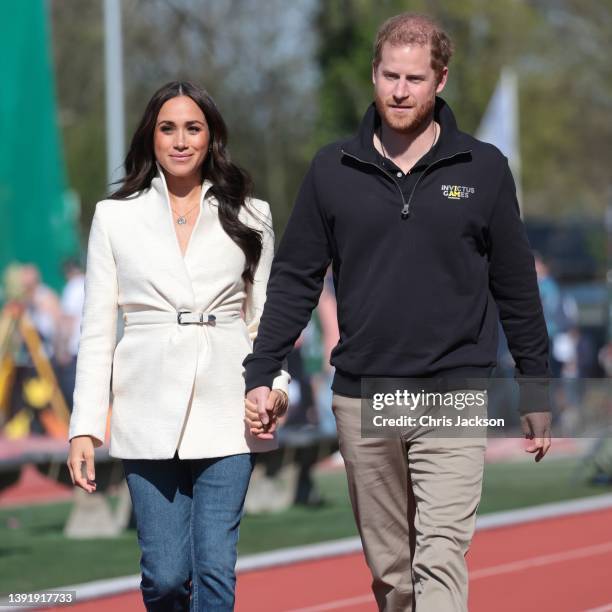 Prince Harry, Duke of Sussex and Meghan, Duchess of Sussex attend the Athletics Competition during day two of the Invictus Games The Hague 2020 at...