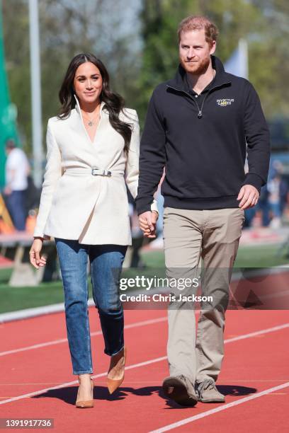 Prince Harry, Duke of Sussex and Meghan, Duchess of Sussex attend the Athletics Competition during day two of the Invictus Games The Hague 2020 at...