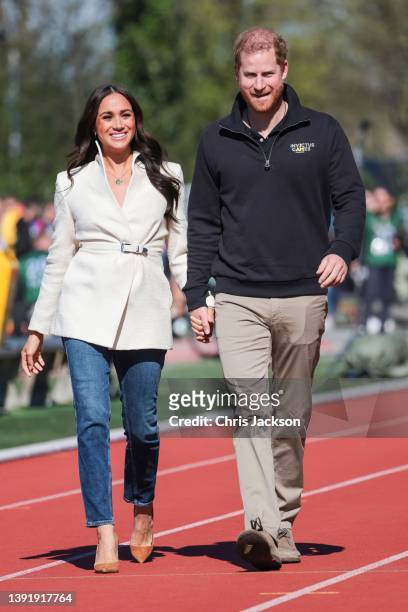 Prince Harry, Duke of Sussex and Meghan, Duchess of Sussex attend the Athletics Competition during day two of the Invictus Games The Hague 2020 at...