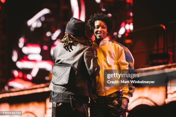 Metro Boomin and 21 Savage perform at the Sahara Tent at 2022 Coachella Valley Music and Arts Festival weekend 1 - day 2 on April 16, 2022 in Indio,...