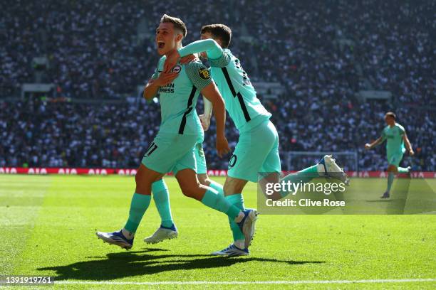 Leandro Trossard of Brighton & Hove Albion celebrates with team mate Alexis Mac Allister after scoring their sides first goal during the Premier...