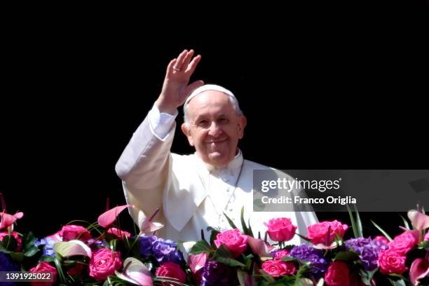Pope Francis delivers his Easter Urbi et Orbi blessing from the balcony overlooking St. Peter's Square on April 17, 2022 in Vatican City, Vatican....